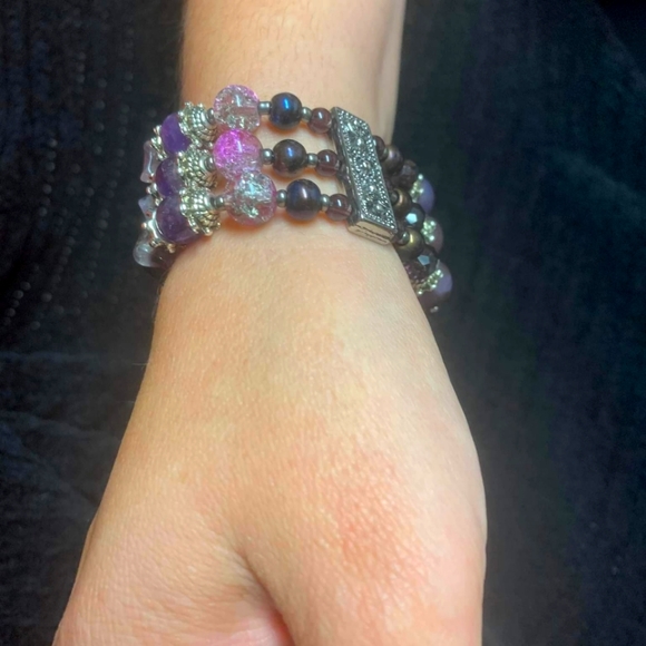 Real Amethyst Triple Banded Boho Bracelet, 7 1/2" - 8 1/2" - Picture 3 of 10